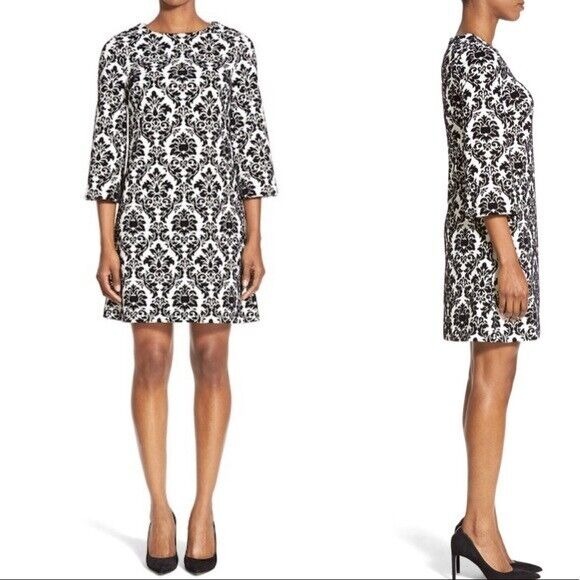 CeCe Cynthia Steffe 4 White Black Velvet Damask Ponte Cocktail Sheath Dress‎ - Picture 1 of 11